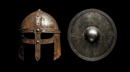 Ancient Rusty Medieval Helmet and Shield: A Relic of the Past