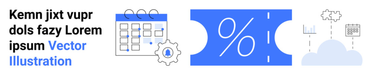 Calendar with gear, percentage discount coupon, and cloud with graphs. Ideal for marketing, scheduling, data analysis, e-commerce, cloud storage discounts financial strategies. Abstract line flat