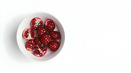 Pomegranate sliced in white bowl viewed