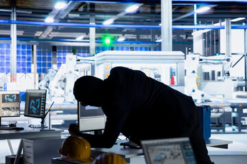 Masked hacker sneaking into solar panel plant at night, inserting USB stick into PC to steal...