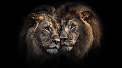 Fototapeta premium Two Majestic Lions in Close-Up Portrait Against Dark Background
