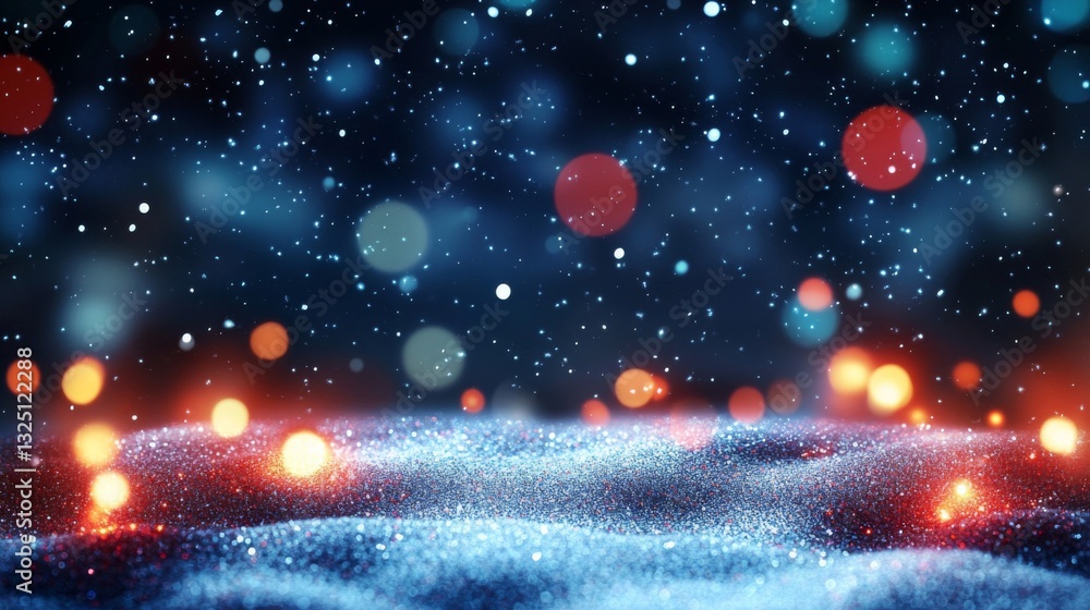 Poster blue and red sparkling winter background with bokeh lights
