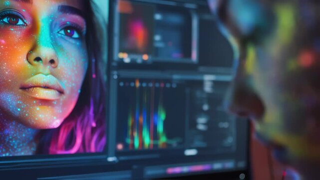Professional makeup artist editing photos of a model with colorful neon paint makeup on a computer, using image editing software in a dark studio