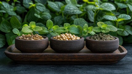 Herbal remedies in small bowls on tray