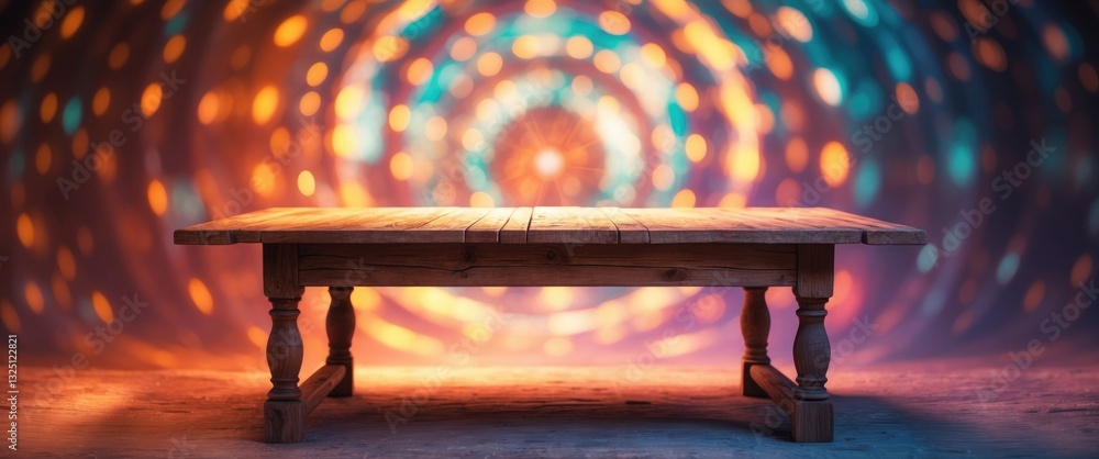 Poster rustic wood table placed in front of a light night, featuring an abstract circular bokeh background.