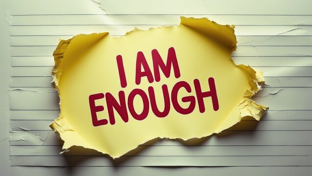 Ripped torn yellow paper displaying handwritten text "I AM ENOUGH," representing the concept of self-acceptance and affirming that you are good enough and capable of achieving all your aspirations.