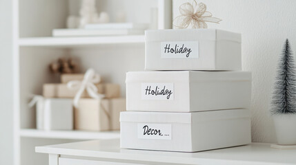 Organized home office corner with holiday decor in white and beige tones for post holiday cleanup