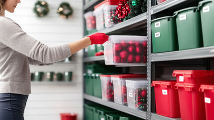 Organizing holiday decorations with clear labeled storage bins for efficient home management