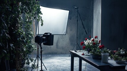 Photography studio setup with professional lighting and flowers