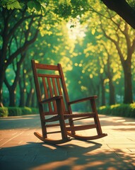 Rocking chair placed on the pavement beneath the trees. Wooden deck chairs crafted from tropical wood for individual use. They feature comfortable brown planks, slats, steel frames, and pine.