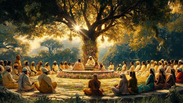 A group of spiritual seekers meditating under a large sacred tree, bathed in sunlight, symbolizing peace, wisdom, and enlightenment.  

