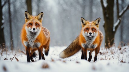 Fototapeta premium Run fox hunting, wildlife setting. Orange fur-coated animal in its natural habitat. Fox in the winter forest meadow, featuring white snow.