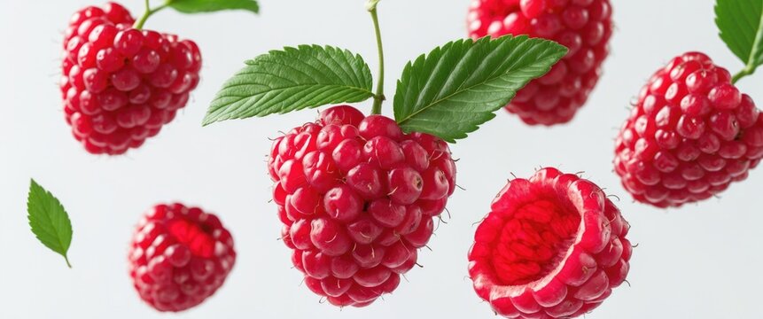 Red raspberries isolated with green leaf. Collection of raspberries with leaves in mid-air. Full depth of field.