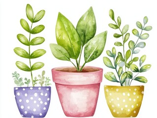 Obraz premium Colorful potted plants in a cheerful watercolor style.