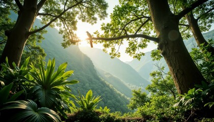 Silhouette of a bird perched on a branch in lush mountains