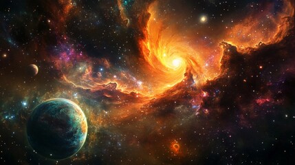 Fototapeta premium Vibrant Cosmic Nebula with Planets and Stars