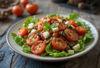 Fresh Tomato Mozzarella Salad with Olives and Lettuce on Plate