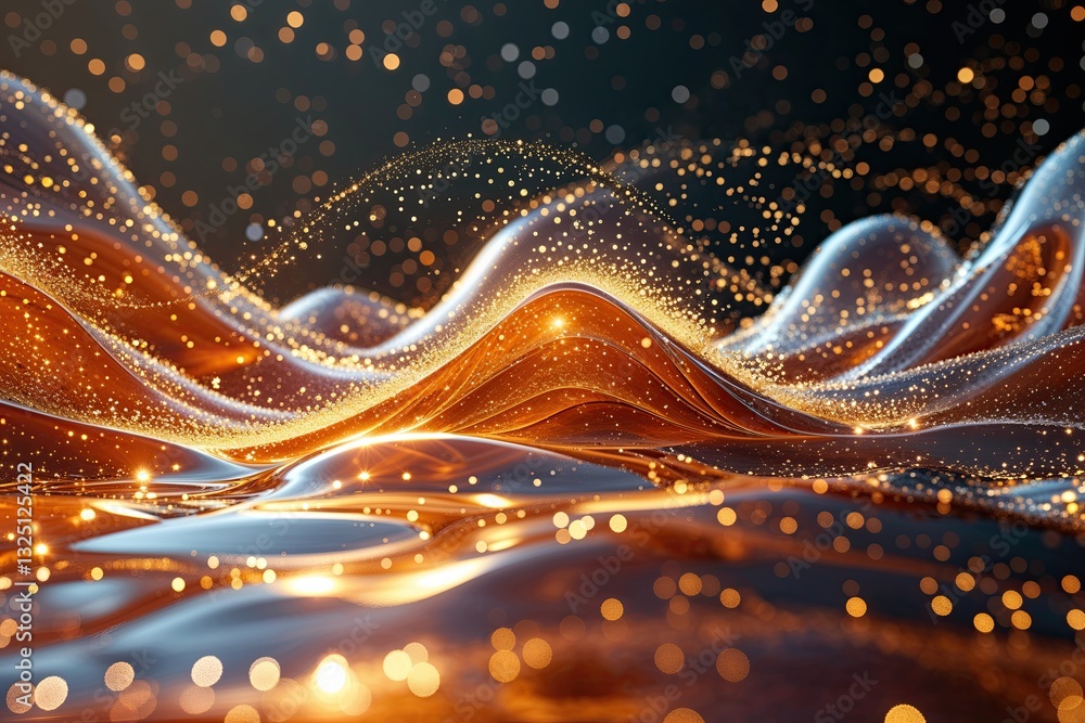Poster vibrant three dimensional landscape with amber background and dynamic sparkling particle flow