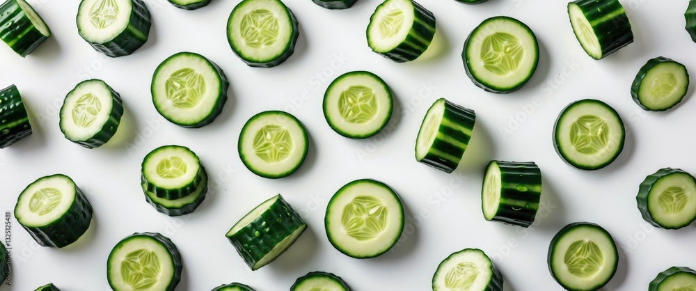 Poster round cucumber slices viewed from various angles set against a white background.