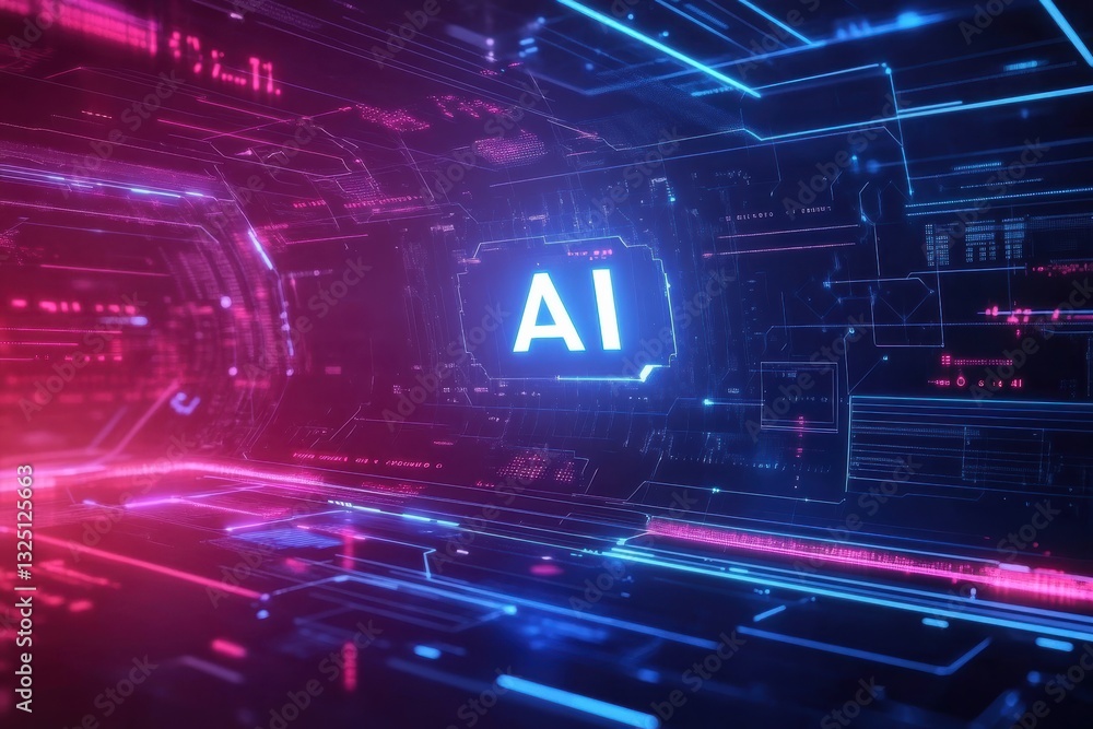 Poster graphic layout showcasing artificial intelligence in a futuristic digital environment