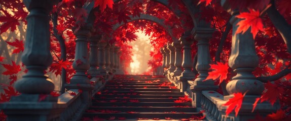 Red maple leaves adorn pillars along the pathway leading up the steps.