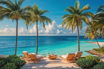 Fototapeta premium Serene Beach Getaway with Lush Palm Trees and Crystal Clear Ocean View