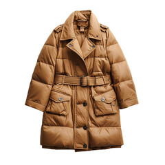 A Padded Trench Coat with Belted Waist Isolated on Transparent Background