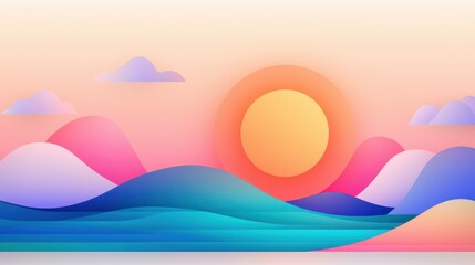 Abstract Landscape of a Colorful Sunset Over Ocean Waves with Soft Hues and Geometric Shapes