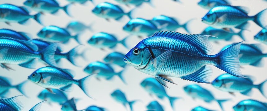 A school of blue tropical striped fish swimming in the ocean set against a white background. A cut-out flock of tropical blue fish.