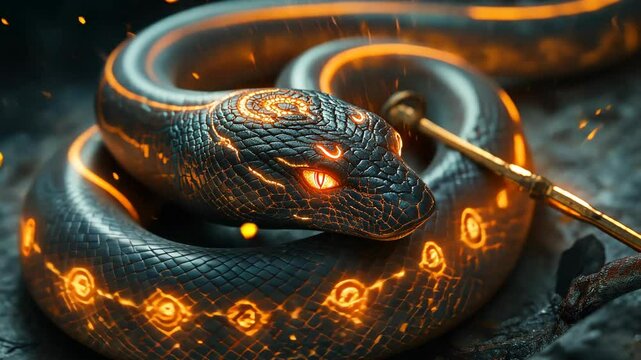 A glowing, mystical snake coiled around a sacred object, symbolizing divine energy, power, and Hindu mythology in a spiritual setting.  
