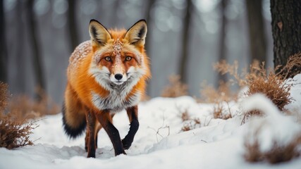 Fototapeta premium Run Fox hunting, wildlife scene. An animal with an orange fur coat in its natural habitat. Fox in a winter forest meadow, surrounded by white snow.
