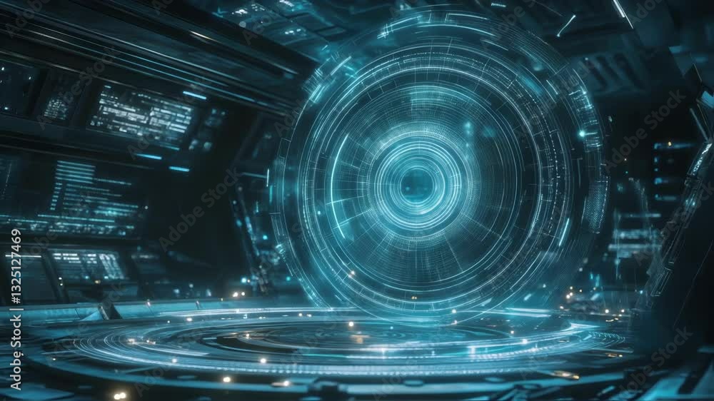 Poster featuring a high tech facility, a futuristic manufacturing process showcases a large hologram displa