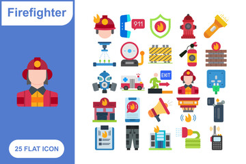 Firefighter Flat Icon Set, Collection of 25 Firefighter Flat Icon Set – 25 Emergency, Rescue, and Fire Safety Icons