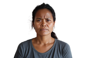 Portrait of a sad and angry woman in her 40s isolated on transparent background