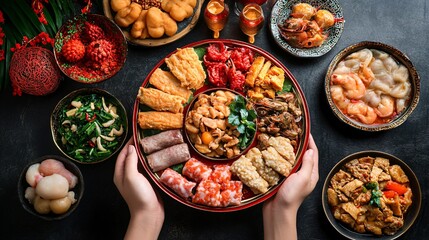 Professional Setup of Tet Tray by Model's Hands for Traditional Vietnamese Celebration