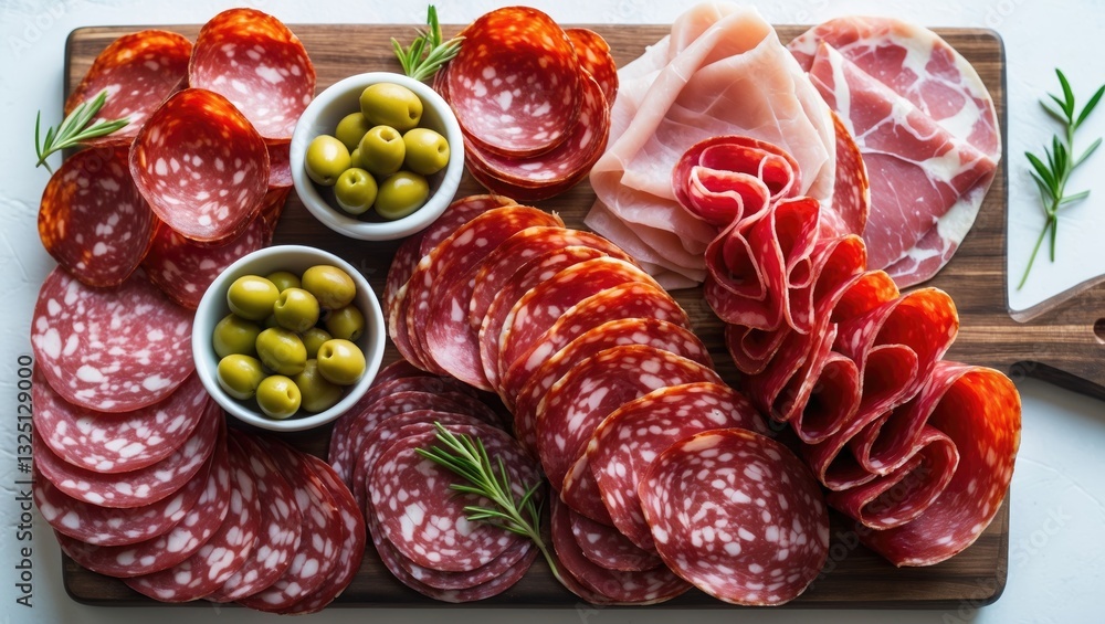 Aufkleber set of cured meat displayed on a board from a top view.