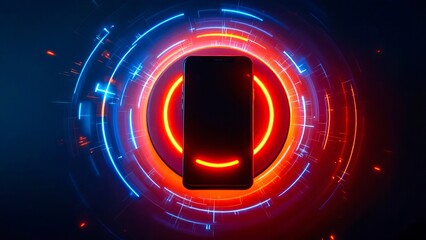 A mobile phone is positioned in the center of a vibrant, futuristic display of neon lights, creating a visually striking and dynamic composition.