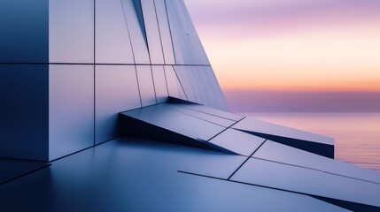 A minimalist close-up of a modern facade, where varying shades of steel gray and ocean blue combine in geometric patterns, giving the structure a sense of movement and elegance