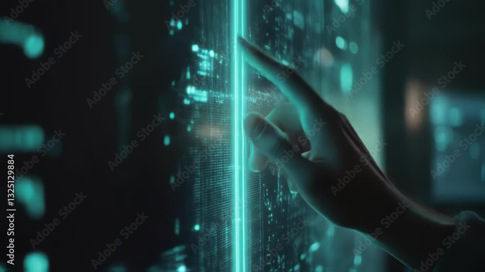 Poster hand interacting with innovative digital touchscreen displaying complex data visualization in a tech