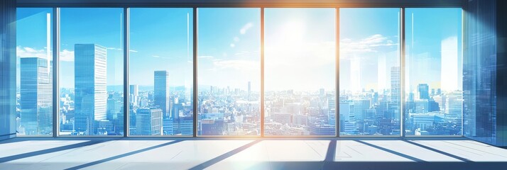 Panoramic cityscape through sunlit glass windows