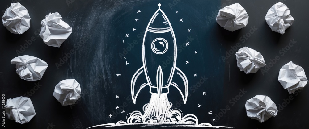 Poster rocket illustration on a chalkboard accompanied by crumpled paper balls. successful business startup