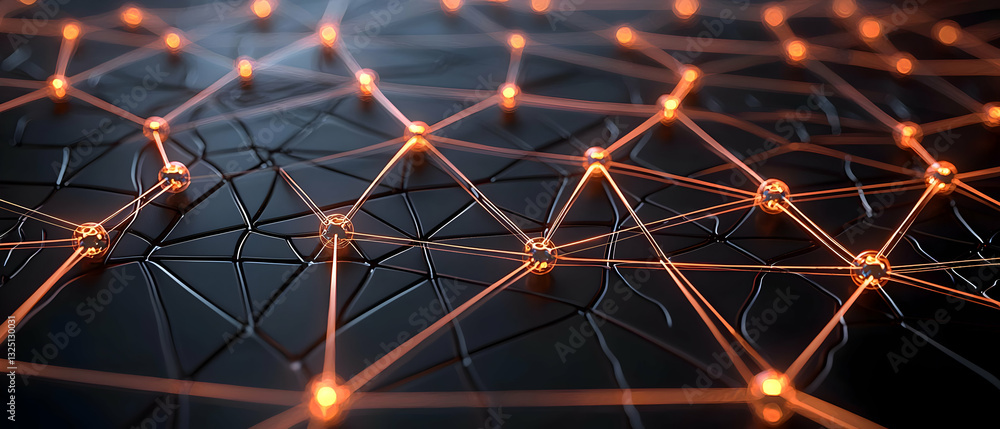 Poster intricate network of orange nodes and interconnected lines on dark geometric background with dramati