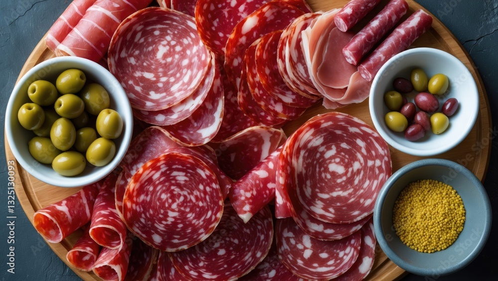Poster set of cured meat displayed on a board with a top view of olives and mustard.