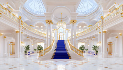 Grand, opulent, white marble hall with gold accents and a sweeping blue staircase
