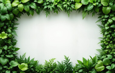 Green Leaves Frame on White Background Natural Design Element