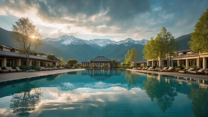 Naklejka premium Resort's outdoor swimming pool with a panoramic view of a mountainous landscape, where snow covers the mountain range's summits and trees are reflected in the water.