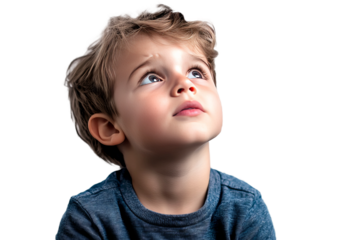 Portrait of a curious young boy, thinking and looking up, isolated on transparent background