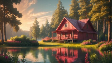 Fototapeta premium Red wooden house in a lake environment, surrounded by woodland, summer scene.