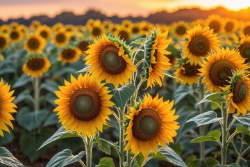 Fototapeta premium Vibrant Yellow Sunflowers Blooming Under a Sunset Sky