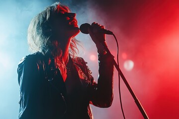 Silhouette of a singer performing passionately on stage during a concert with bright backlighting